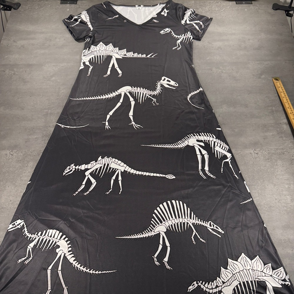 Maxi Dress Women M Black Dinosaur Skeleton V-Neck Short Sleeve Teacher Stretch